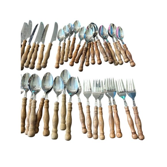 Vintage Lifetime Old Homestead Stainless Flatware Set W/ Wooden Handles 50 Piece - Picture 4 of 7